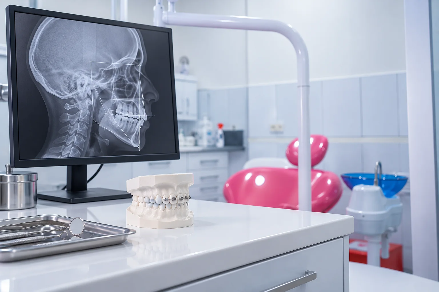 Estudio de ortodoncia con radiografía y modelo dental con brackets