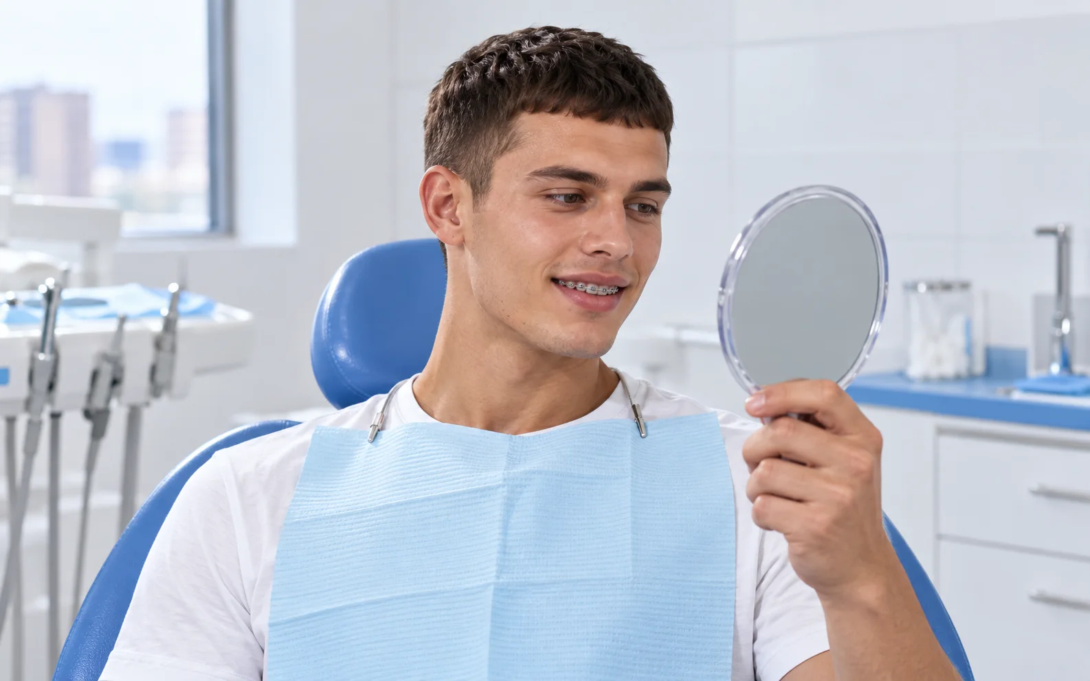 Santiago observa su sonrisa con brackets en el consultorio